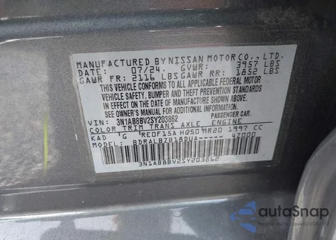 2025 Nissan Sentra S from USA, damaged, VIN 3N1AB8BV2SY203862